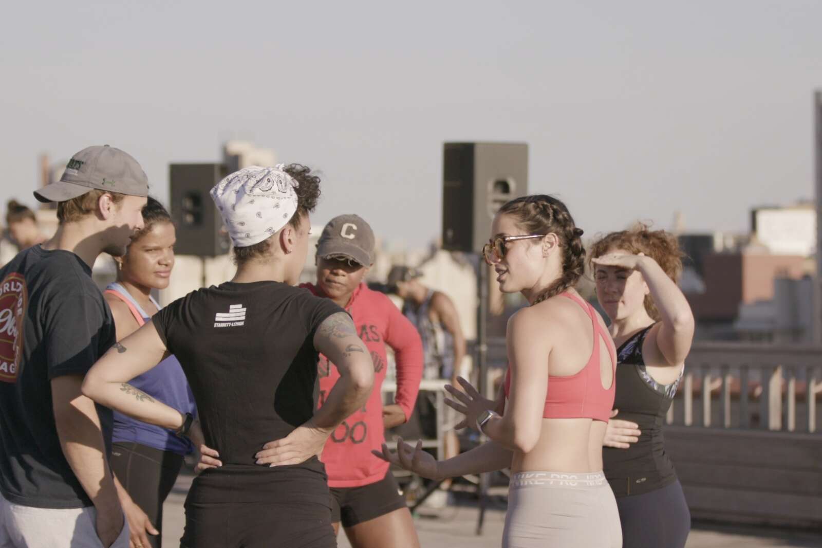 People at a rooftop fitness party